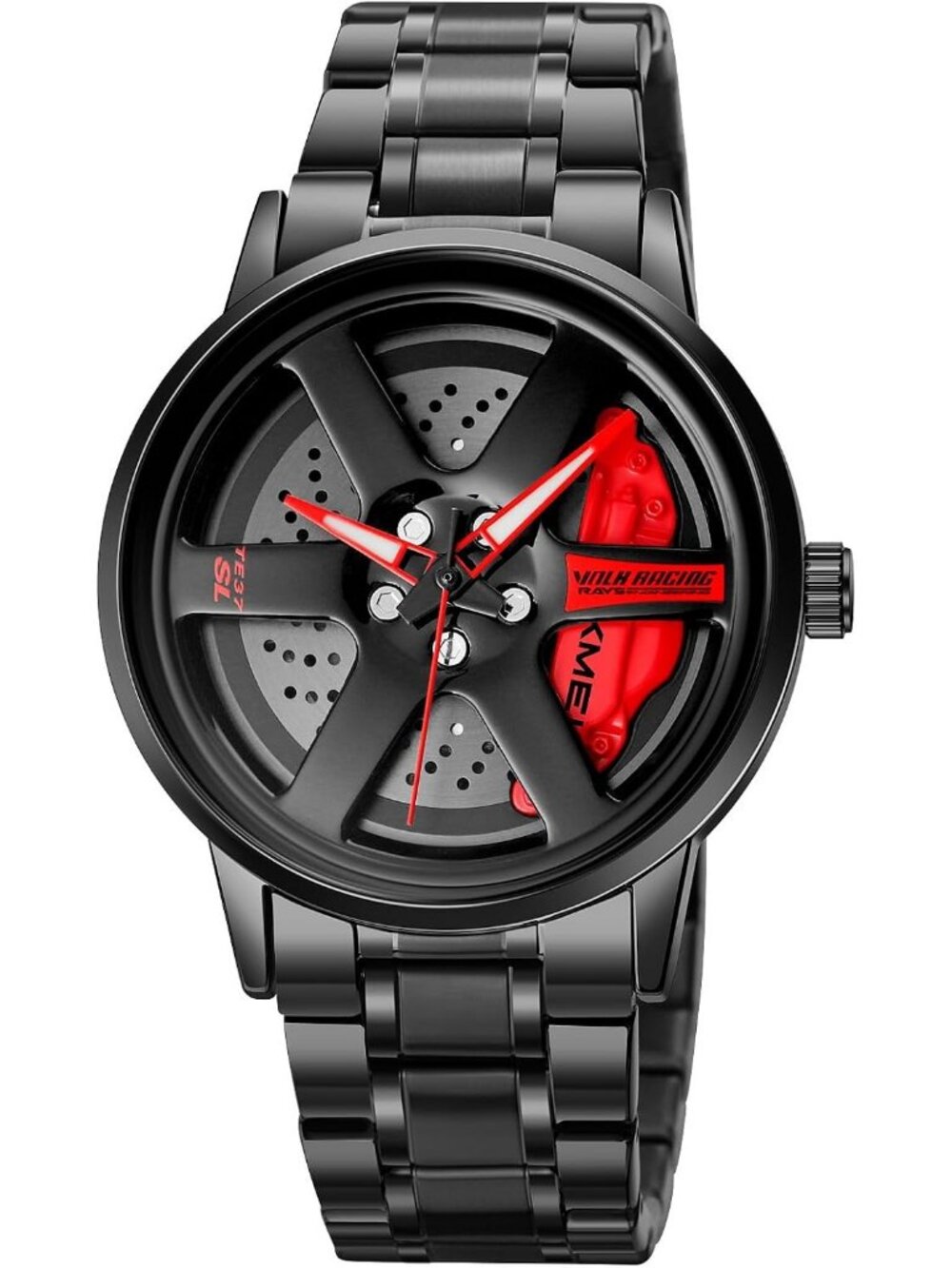 Men's Red Creative 3D Spinning Car Wheel Rotating Stainless Steel Strap Watch